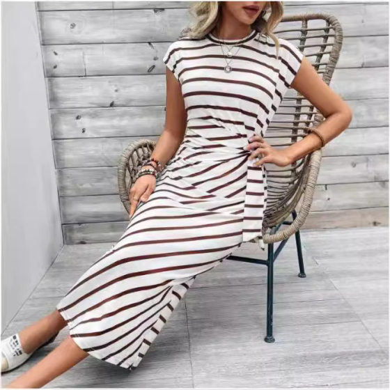 Cross-border elegant waist strap striped crew neck short sleeve long dress summer women's high-end dress
