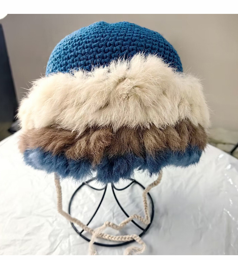 Cappello lavorato a maglia in pelo di coniglio per donna in autunno inverno, cappello in lana calda patchwork, versione coreana, peluche dolce e carino_voghion.com