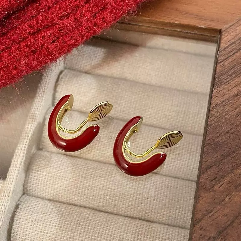 复古酒红U形耳圈耳夹蚊香盘无耳洞女秋冬法式高级感气质无痛耳饰
