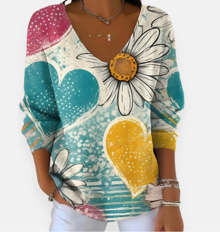 Printed Women's Gradient Color V-neck Long-sleeved T-shirt