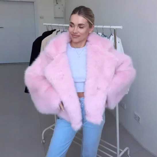 Amazon Independent Site Aliexpress European and American Autumn and Winter Cross-Border Pink Artificial Fur Coat Fur Jacket Women's Short Style