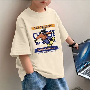 2025 Summer Boys New Pure Cotton Korean Style Trendyy T-Shirt Baby Handsome and Fashionable Pure Color Round Neck Short-Sleeved Top