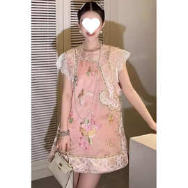 独特漂亮新中式女装国风刺绣马甲甜美粉色盘扣改良旗袍上衣女夏季