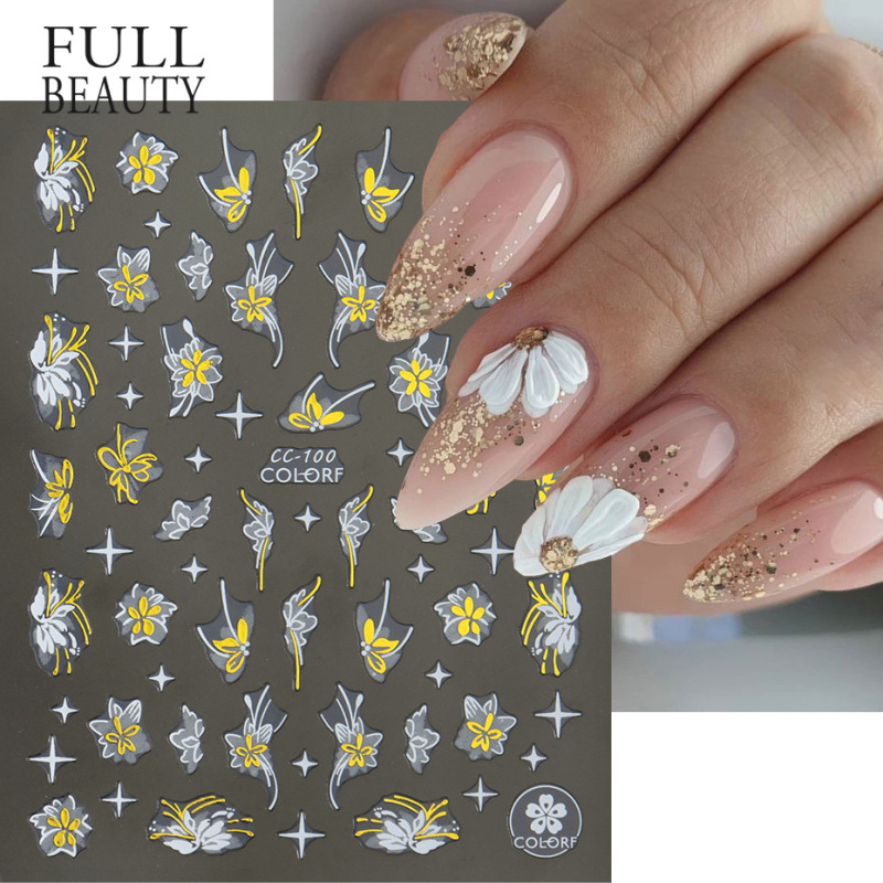 跨境新款美甲贴纸 ins秋冬白金睡莲百合花蝴蝶结背胶指甲贴nail|undefined