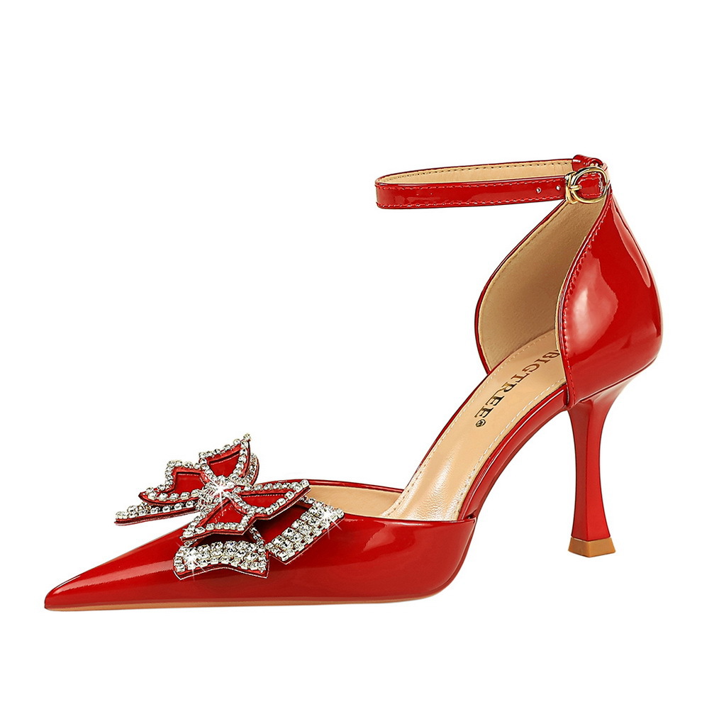 8323-H17 Banquet Women's Shoes High Heels, Shallow Mouth, Pointed Toe, Lacquer Leather, Hollow Rhinestone Bow Tie, Slotted Sandals