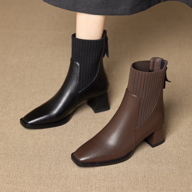 厂家直销法式2025秋冬新款方头踝靴炸街加绒瘦瘦靴棕色女毛线筒