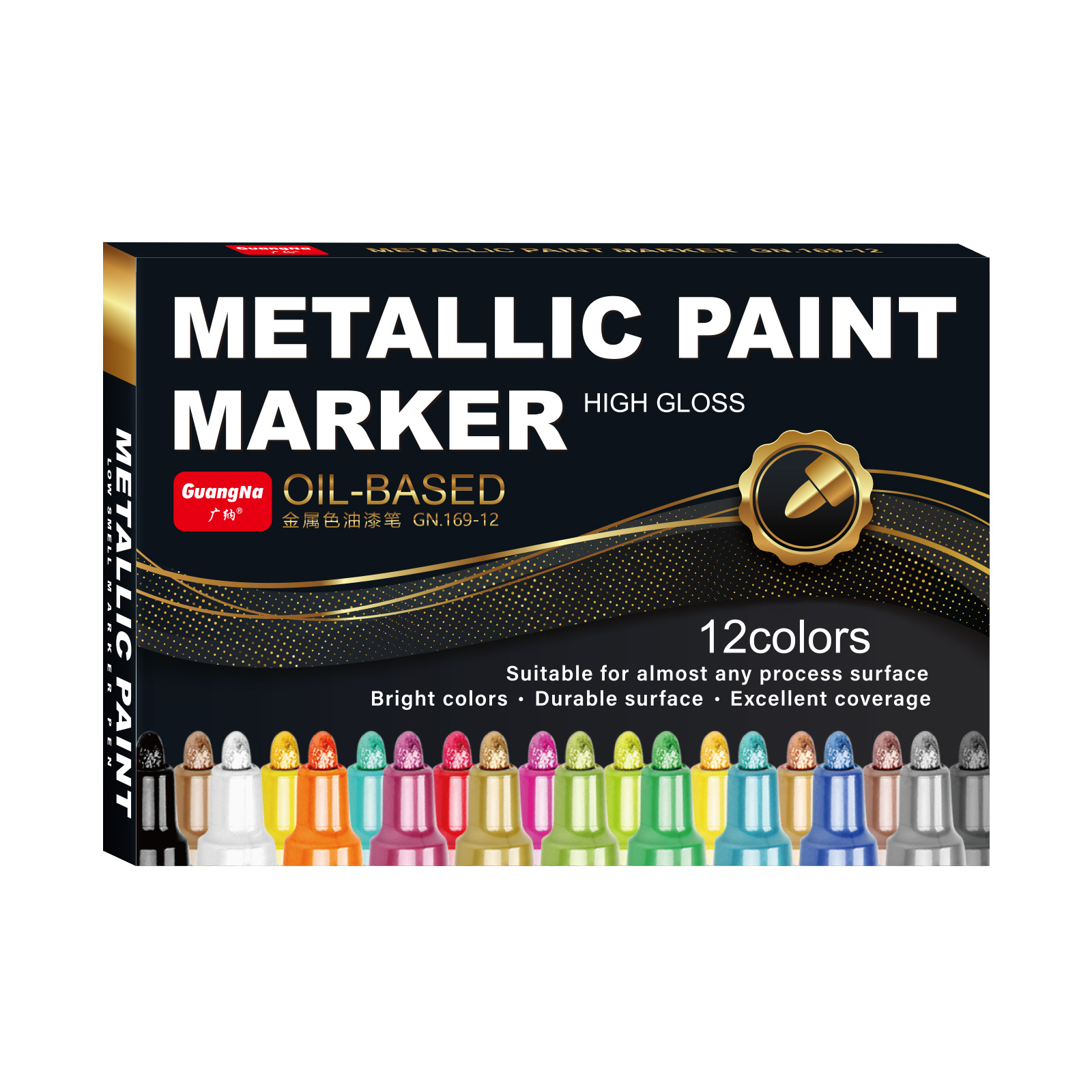 Guangna 169 tipo válvula metal aceitoso 12 colores rotulador bricolaje pintura graffiti color apilable impermeable pincel de secado rápido