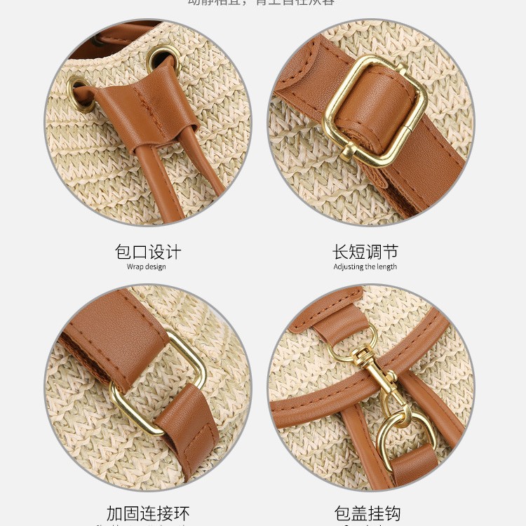 New Simple Contrast Patchwork Flap Drawstring Bucket Straw Bag Vacation Travel Women's Woven Backpack - Thumbnail 4