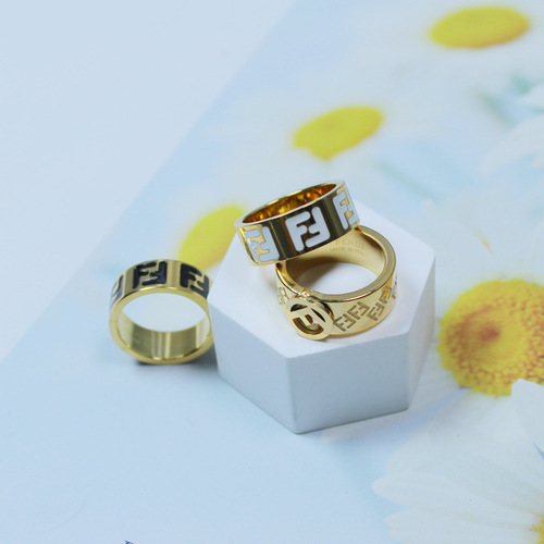 F-letter black and white drip gel couple rings, stainless steel simple enamel unisex finger rings bracelets