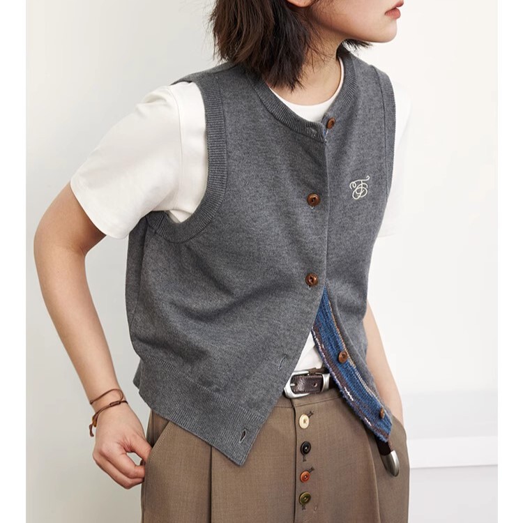 Colorful Placket Knitted Sweater Vest New Style Layered Vest Top