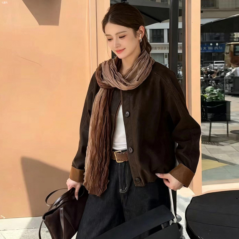 韩版时尚休闲百搭外套女士圆领宽松开衫秋季常规袖气质深咖啡色灰