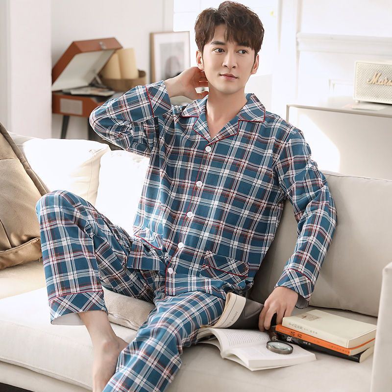 Pijama de algodón 100% de los hombres de manga larga de primavera y otoño más tamaño de otoño e invierno más el tamaño de los hombres gordos homewear traje