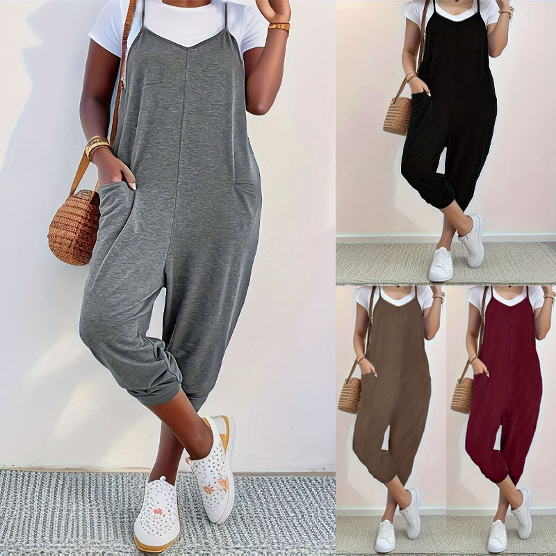 Cross-Border Hot Selling Commuter New Product Solid Color Pocket Suspenders Trousers Loose Casual Jumpsuit Women's Overalls