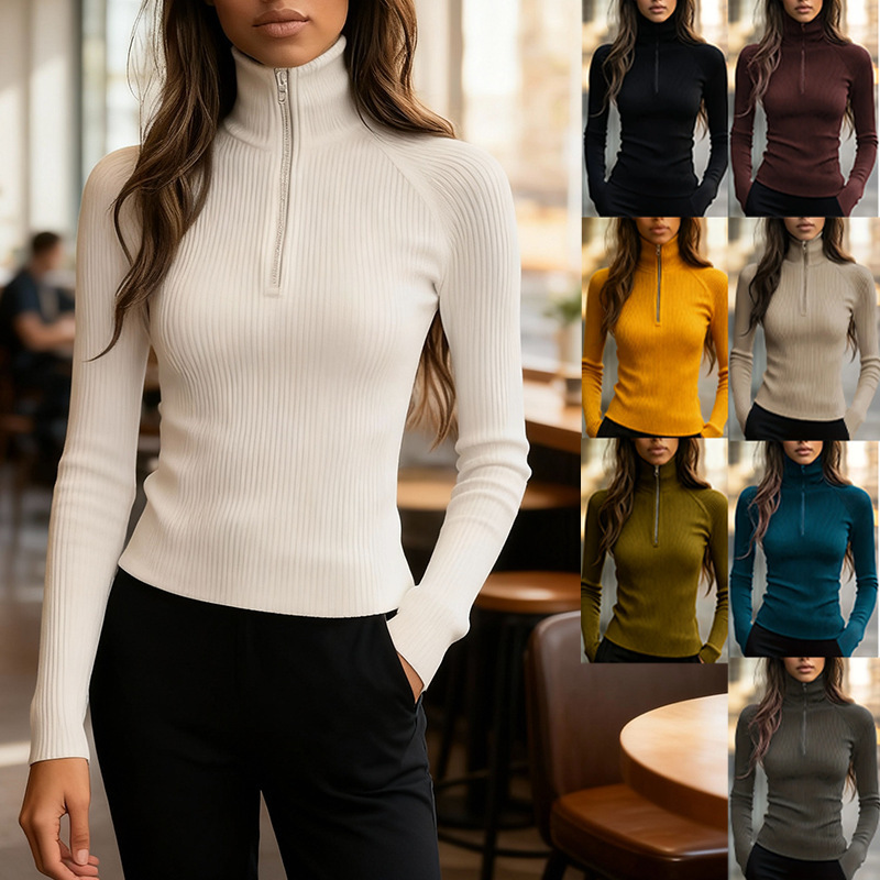 2026 European and American Foreign Trade Women's Clothing Spring New Fashion Half-High Collar Zipper Base Shirt Inner Knit Top Women's Top 2026 European and American Foreign Trade Women's Clothing Spring New Fashion Half-High Collar Zipper Base Shirt Inner Knit Top Women's Top