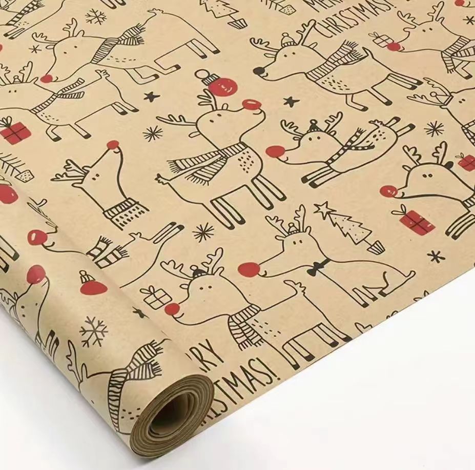 Papel de regalo navideño en rollo grande, éxito de ventas transfronterizo, papel kraft amarillo vintage ecológico para manualidades de árboles de Navidad.