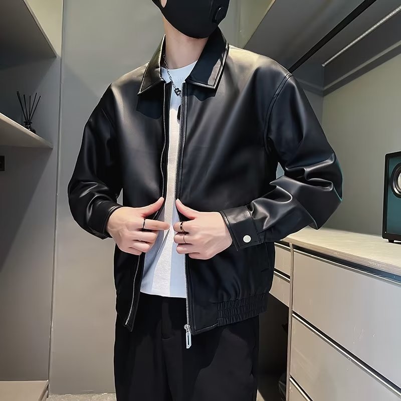 Ruan Shuai hombres ropa de motocicleta solapa chaqueta de cuero 2023 nuevo abrigo de cuero de los hombres de la marca de moda de los hombres de otoño e invierno