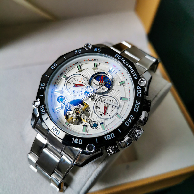Augustus Fully Automatic Mechanical Watch Calendar Week Moon Phase Multi-Function Butterfly Buckle Men's Watch Cross-Border Hot Style