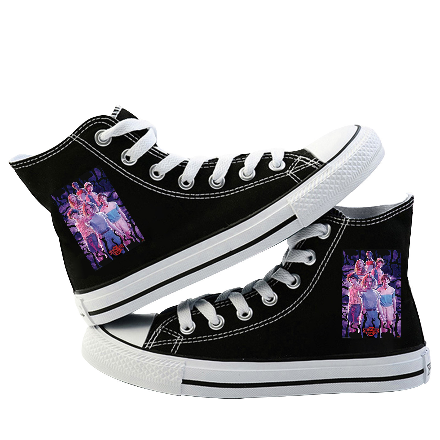 跨境美剧电视 怪奇物语 周边帆布鞋 高帮鞋休闲透气情侣平底鞋子