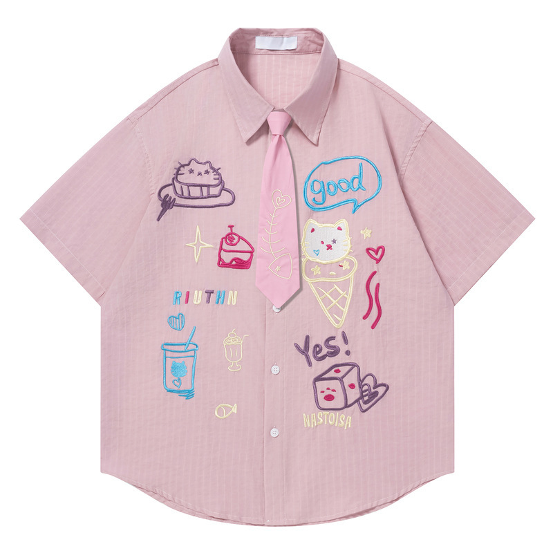 Dopamine Cute Cartoon 3D Embroidery Short-Sleeve Shirt for Women, Summer Loose Korean Style Lazy Chic Blouse Top Dopamine Cute Cartoon 3D Embroidery Short-Sleeve Shirt for Women, Summer Loose Korean Style Lazy Chic Blouse Top
