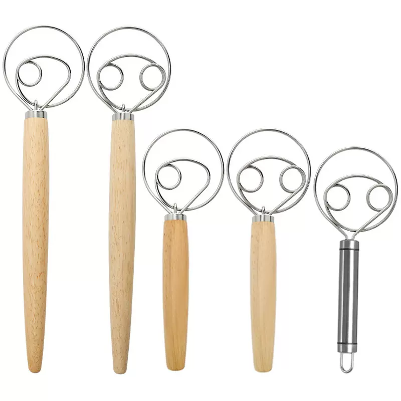 13寸橡木柄打粉器面粉搅拌器丹麦面团搅拌器不锈钢线圈打蛋器工具
