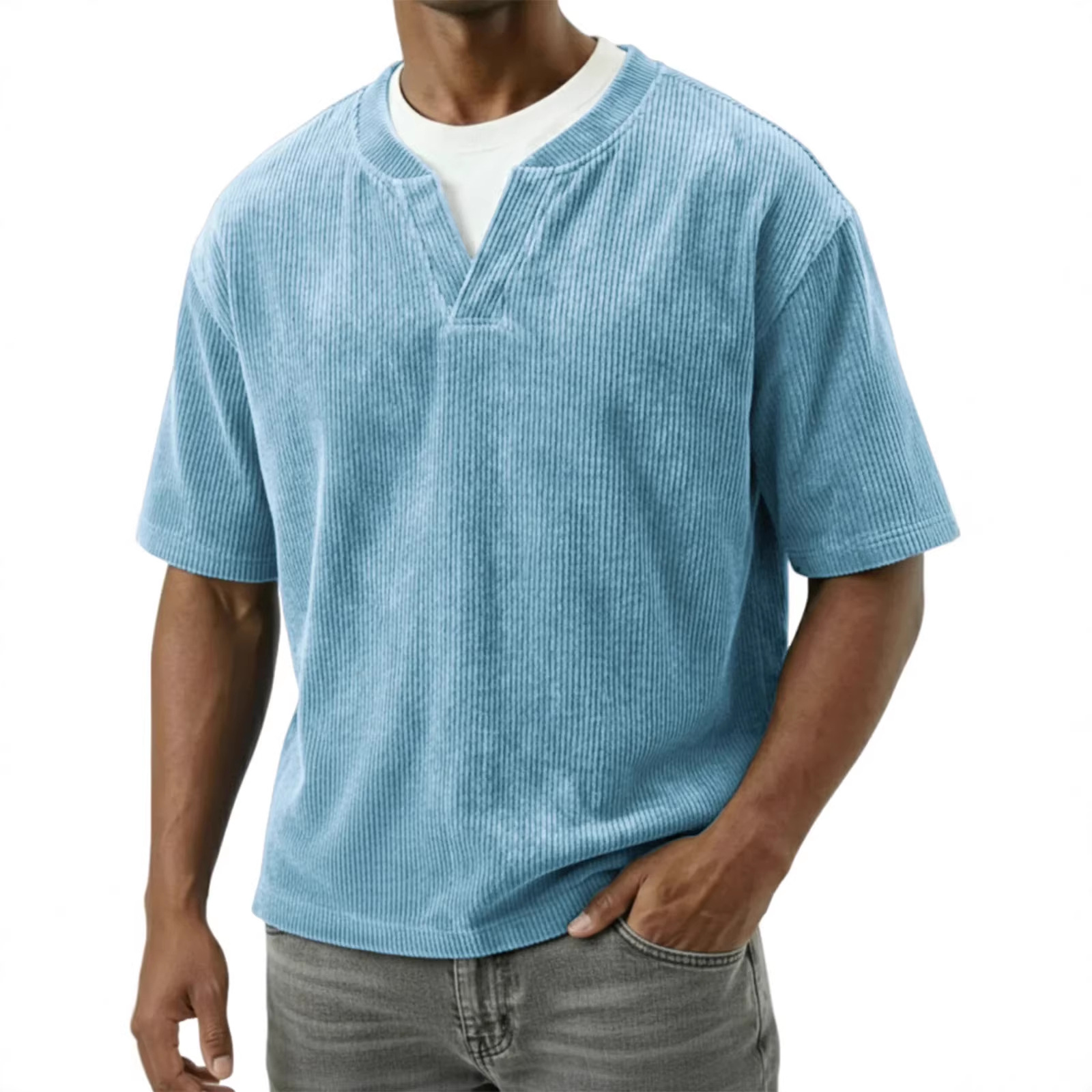 T-shirt casual da uomo a maniche corte, doppio colletto, finto velluto a coste, bianca e nera, primavera/estate, stile europeo/americano, cotone, pezzo unico_voghion.com