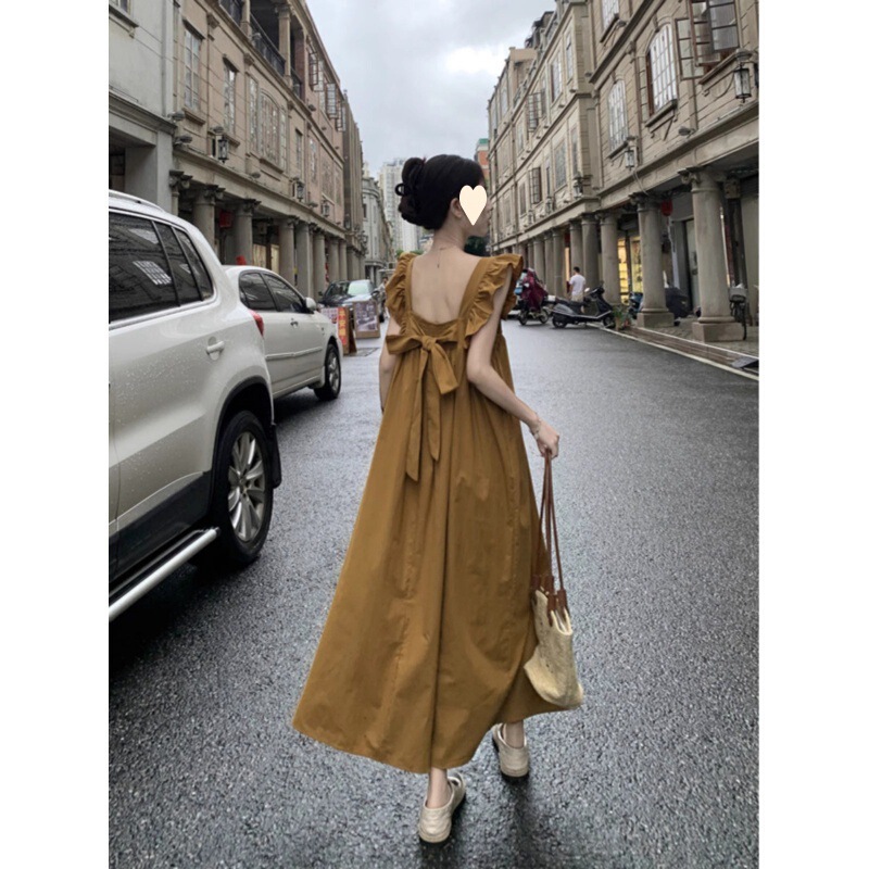 Bow-Tie Backless Skirt, Seaside Skirt, Women's French Style Square Neck, Small Flying Sleeve Dress, Holiday Style Long Skirt