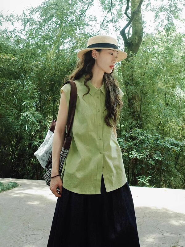 超好看日系无袖衬衫女夏季2025新款休闲宽松薄款翻领坎肩衬衣上衣|undefined