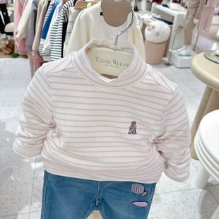 Pure Cotton Class A Autumn and Winter New Korean Style Original Label Bear Girl Sweet Purple Striped Casual Half-high Collar Base Shirt