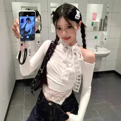 アメリカの純粋な欲の甘いギャルのレースの斜め肩の長袖のtシャツの女性の秋冬の中で底のシャツの小さい大衆の修身の上着の潮を掛けます。