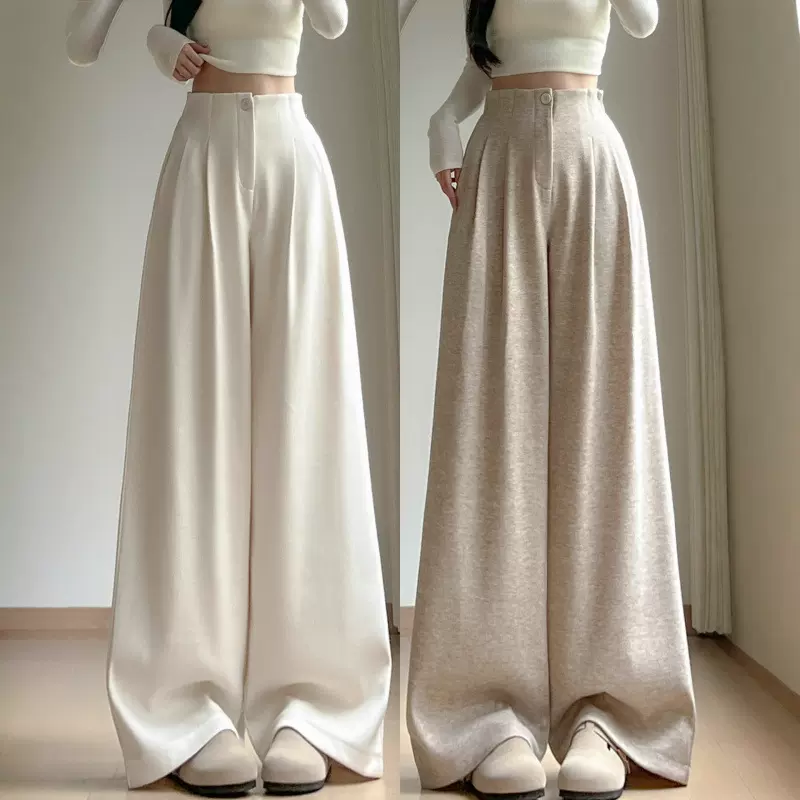 米白色毛呢西装休闲裤女秋冬2025新款高腰宽松显瘦阔腿糯米裤