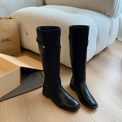Women's 2025 Spring Stylish Ankle Boots with Belt Buckle, Knee-Length Round-Toe High-Top Boots