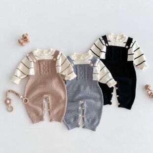 British Fan Autumn and Winter New Children's Wear Baby Children's Pinstripe Pullover Twist Strappy Pants Fake Two-piece Knitted Climbing Suit