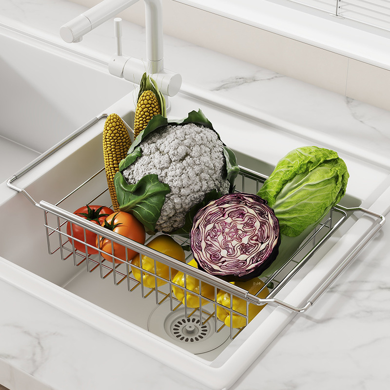 Stainless Steel Kitchen Telescopic Sink Rack Drying Bowl Chopsticks Wipe Household Dishes Multi-functional Storage Rack Cross-border