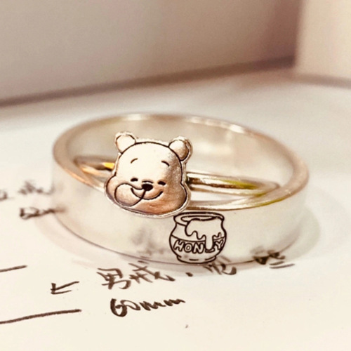 可爱噗噗维尼熊情侣戒指蜜罐指环小清新气质童话卡通图案男女对戒