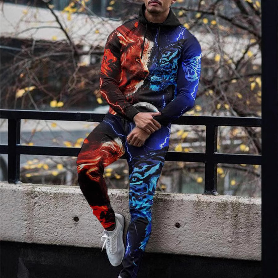 Tuta sportiva autunno e inverno moda colore bloccato casual felpa con cappuccio stampata in 3D pantaloni set due pezzi uomo_voghion.com