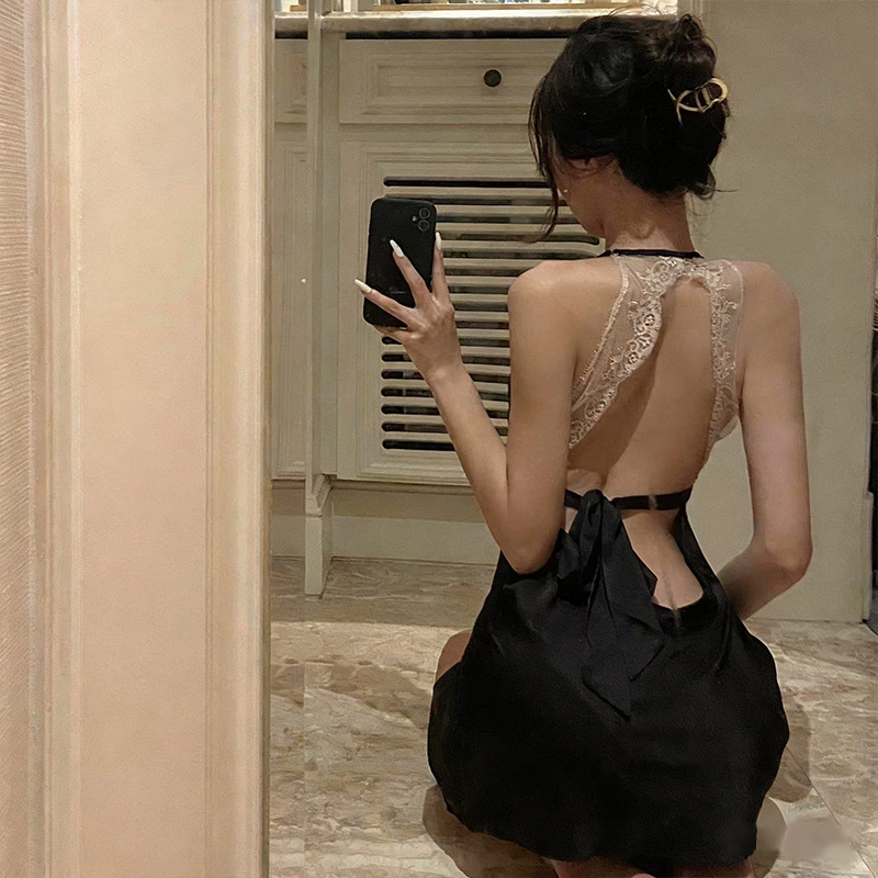 Yemei Twilight Pure Desire Lace Suspender Nightgown Sexy Lingerie Hot Backless Deep V Ice Silk Thin Sexy Pajamas