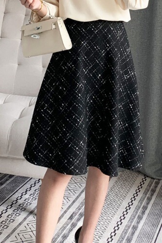 chanel style skirt for women's autumn and winter retro high waist black woolen plaid medium long umbrella skirt for children