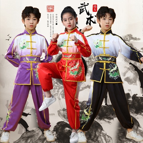 Children's  boys girls purple red black chinese dragon kung fu uniforms school wushu martial arts competition performance suit  tai chi uniforms clothing for kids