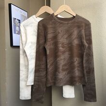 咖色长袖打底衫女士新款秋季国风扎染正肩体恤修身内搭圆领上衣潮