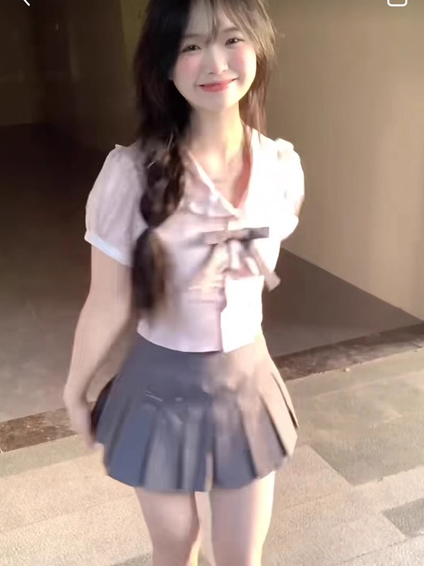 カレッジスタイルスイートホットガールピンクスーツ女性の夏jk制服小柄な韓国シャツプリーツスカート2点セット|undefined