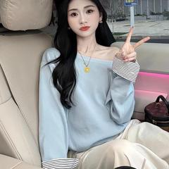 高级感时尚气质斜肩针织衫女装春季新款袖口拼接别致长袖T恤上衣