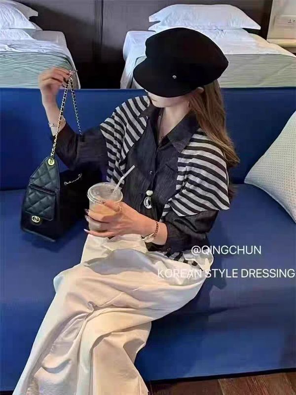 韩系翻领刺绣不规则牛仔衬衫带披肩2025秋季新款女设计感洋气上衣|undefined