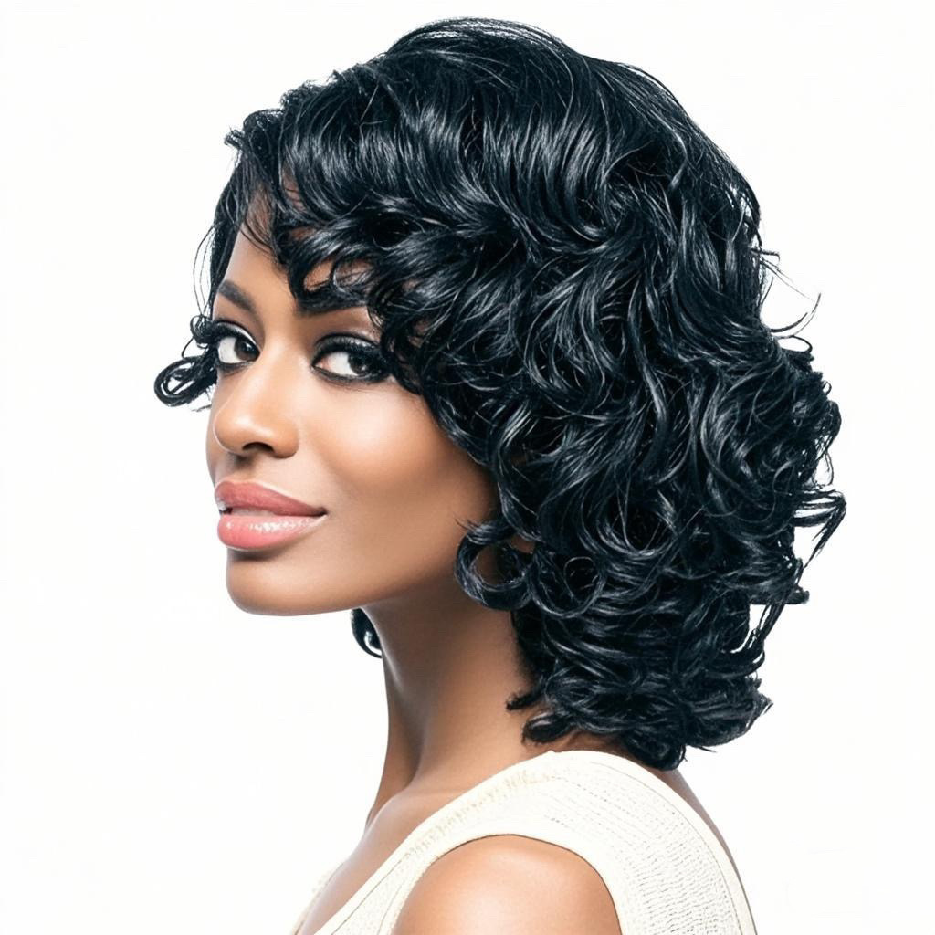 Amazon nuevo producto peluca europea y americana mujer negro de longitud media rizado wigs África de punto medio ola grande tocado de seda de alta temperatura