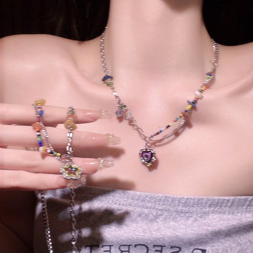 y2k Millennial style sweet and cool hot girl colorful beaded love cloud gravel necklace female niche design clavicle chain