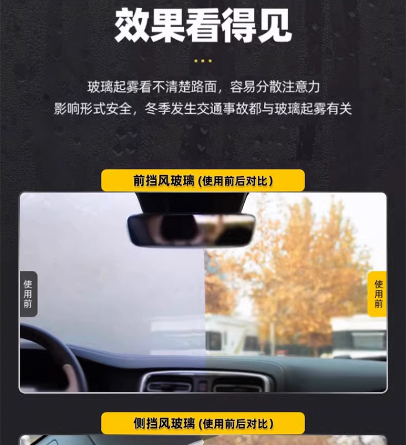 Car accessories: rain and fog repellent, car glass water repellent, car rearview mirror defogger and rain remover, glass cleaner