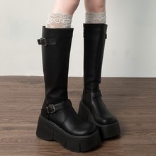 复古法式黑色厚底长筒靴女2025新款夏季小个子胖mm显瘦增高骑士靴