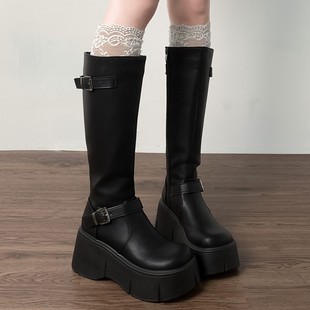 Retro French Black Thick-Soled Boots for Women 2025 New Summer Slim and Height-Increasing Knight Boots for Small Fat mm