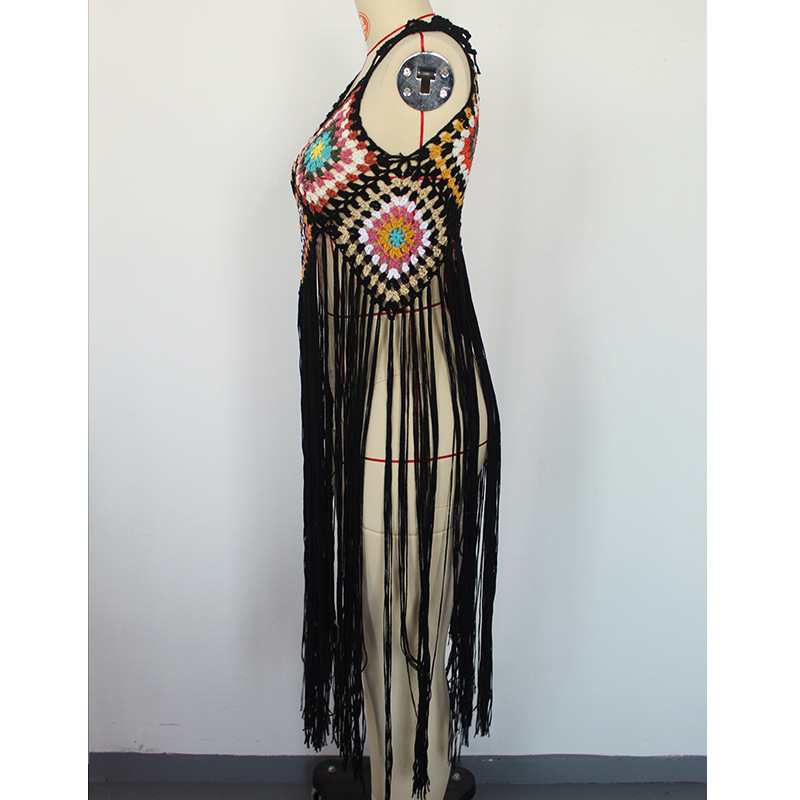 Sexy Hand Crocheting Tassel Mid Length Bohemian White Beach Dress in Dresses