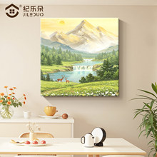 流水生财餐厅装饰画高级感2026新款聚宝盆山水挂画砂岩肌理感壁画