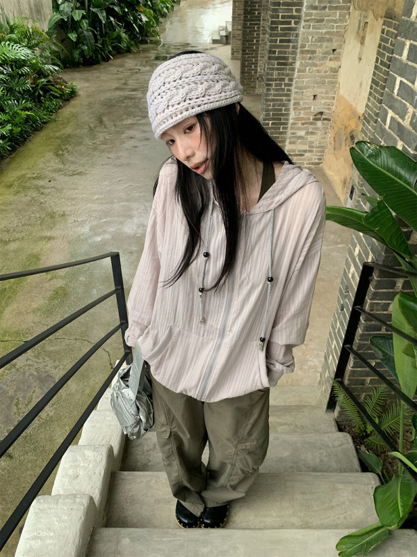 [9hour]慵懒风条纹连帽衬衫女 2025秋季外搭拉链长袖上衣女m3731|undefined